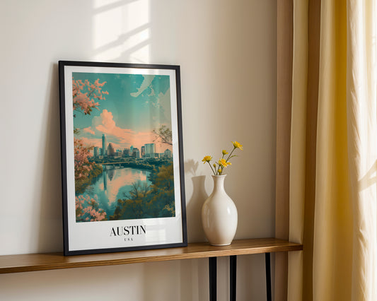 Austin Texas Skyline Cherry Blossom Framed Poster – Framed Wall Art Poster - Image 2