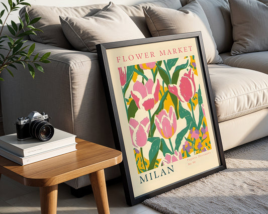 Milan Flower Market Pink Tulips Framed Poster – Framed Wall Art Poster - Image 2