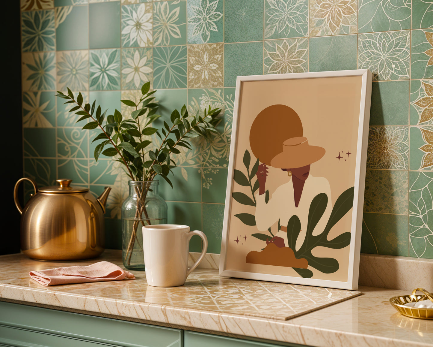 Boho Woman with Hat & Botanical Leaves Framed Poster – Framed Wall Art Poster - Image 3