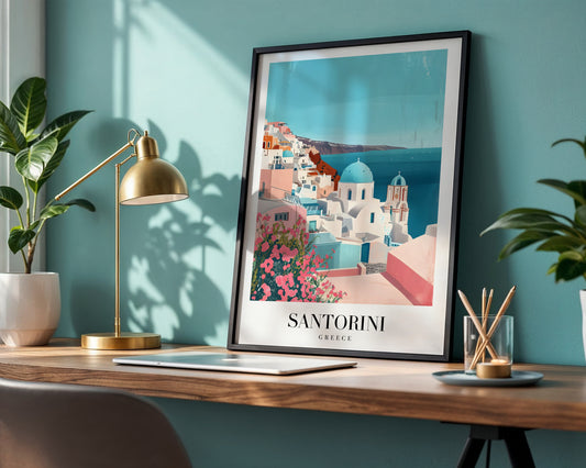 Santorini Greece Cliffside Village Framed Poster – Framed Wall Art Poster - Image 1