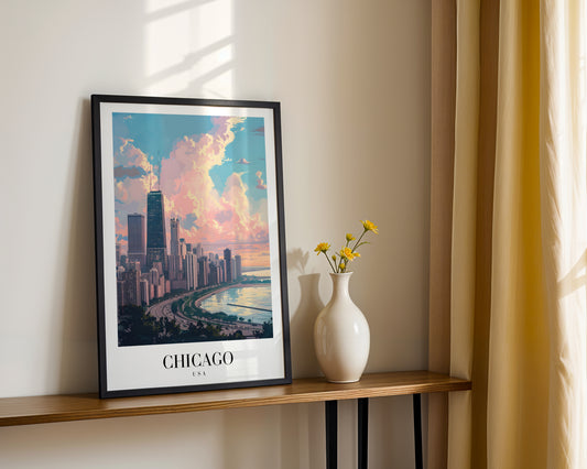 Chicago Skyline Sunset Framed Poster – Framed Wall Art Poster - Image 2