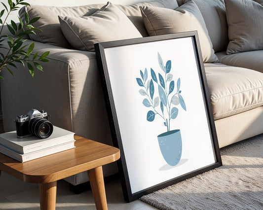 Blue Leaf Plant Pot Minimalist Framed Poster - Image 1