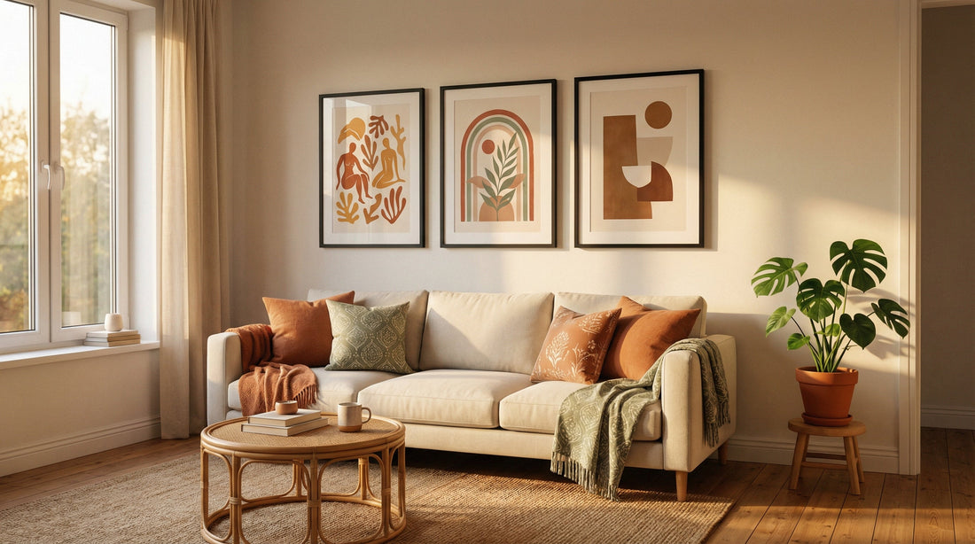 how to decorate living room walls on a budget India - framed prints above sofa