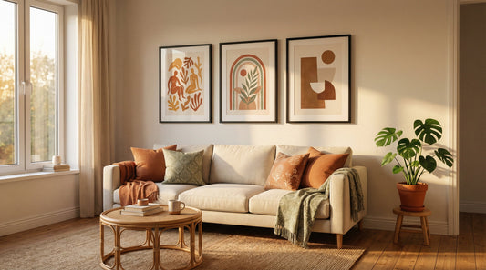 how to decorate living room walls on a budget India - framed prints above sofa