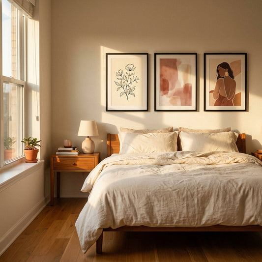 Bedroom wall painting ideas - framed art gallery wall above bed in Indian home