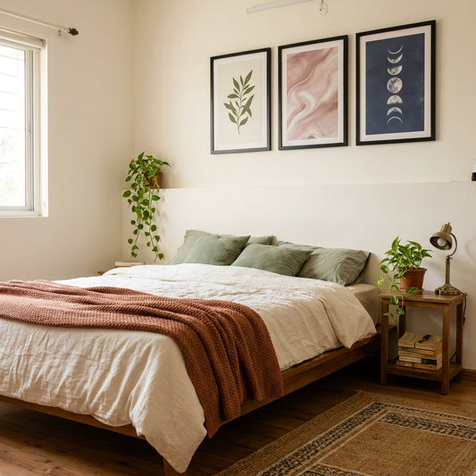 wall painting design for bedroom - framed art in Indian rental flat