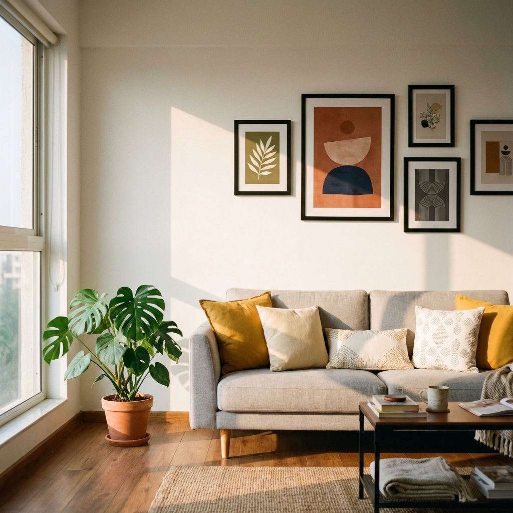 room painting ideas - framed wall art in Indian rental apartment