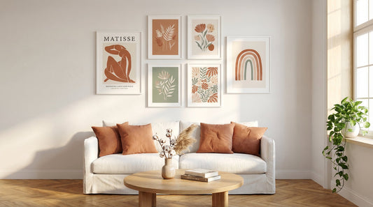 Canvas painting ideas for home - gallery wall with boho botanical framed prints in a styled living room