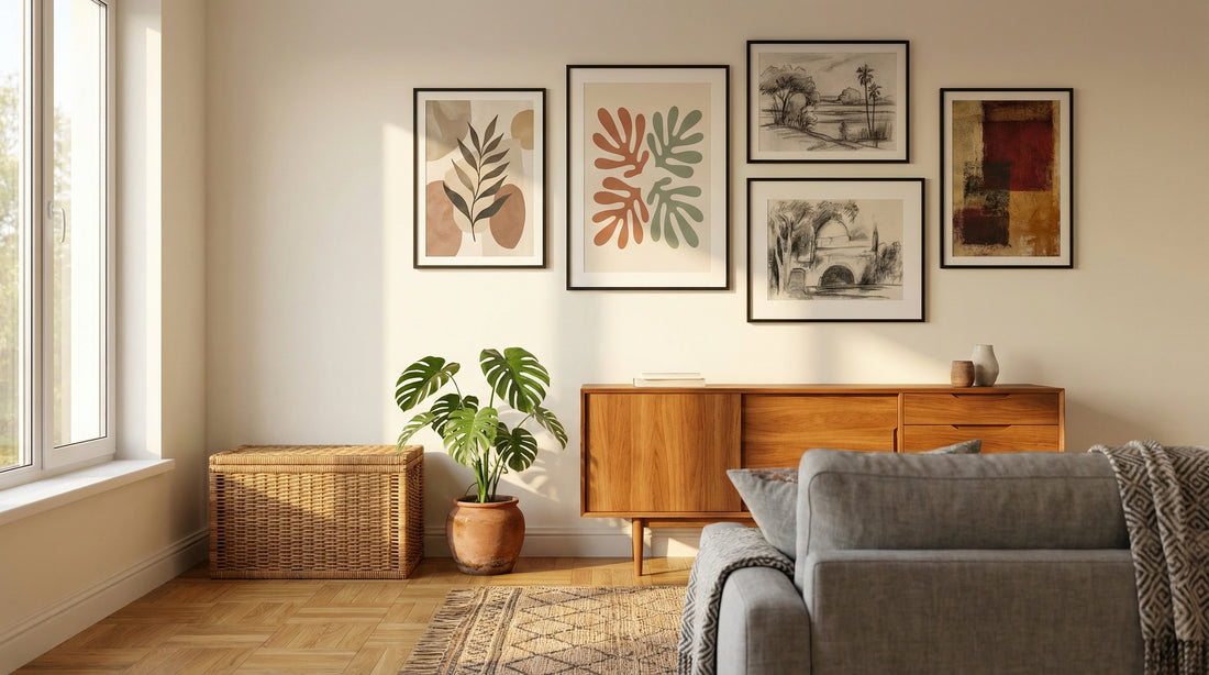 Wall decor for living room - framed art prints styled above a sideboard in an Indian home