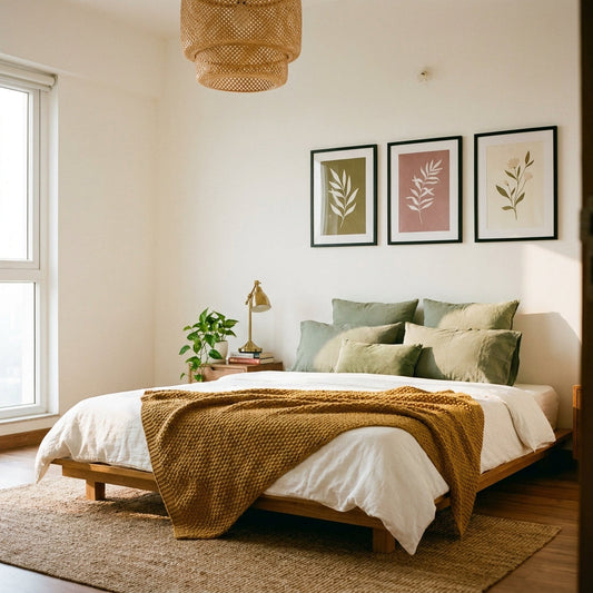 bedroom decor ideas for Indian homes - framed wall art in rental apartment