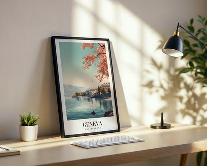 Geneva Switzerland Cherry Blossom Lake Framed Poster – Framed Wall Art Poster - Image 3