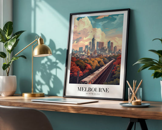 Melbourne Cityscape Autumn Train Framed Poster – Framed Wall Art Poster - Image 1
