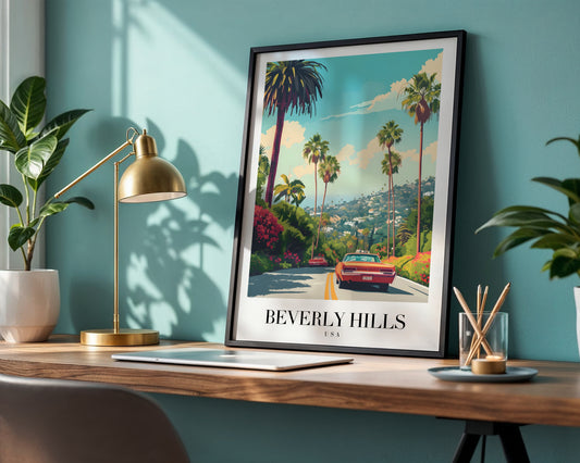 Beverly Hills Classic Car Scenic Framed Poster – Framed Wall Art Poster - Image 1