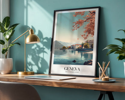 Geneva Switzerland Cherry Blossom Lake Framed Poster – Framed Wall Art Poster - Image 1