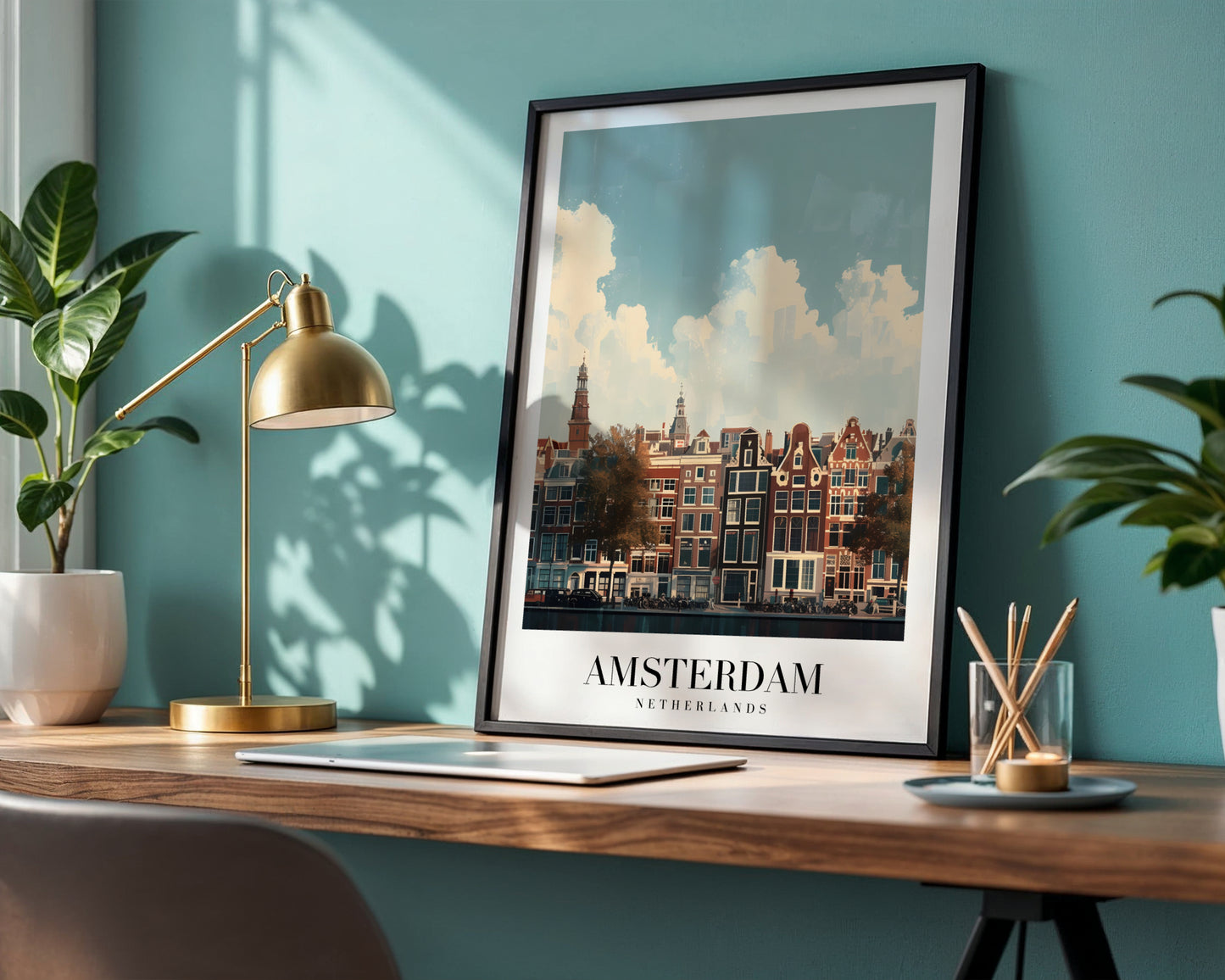 Amsterdam Canal Houses Cityscape Framed Poster – Framed Wall Art Poster - Image 1