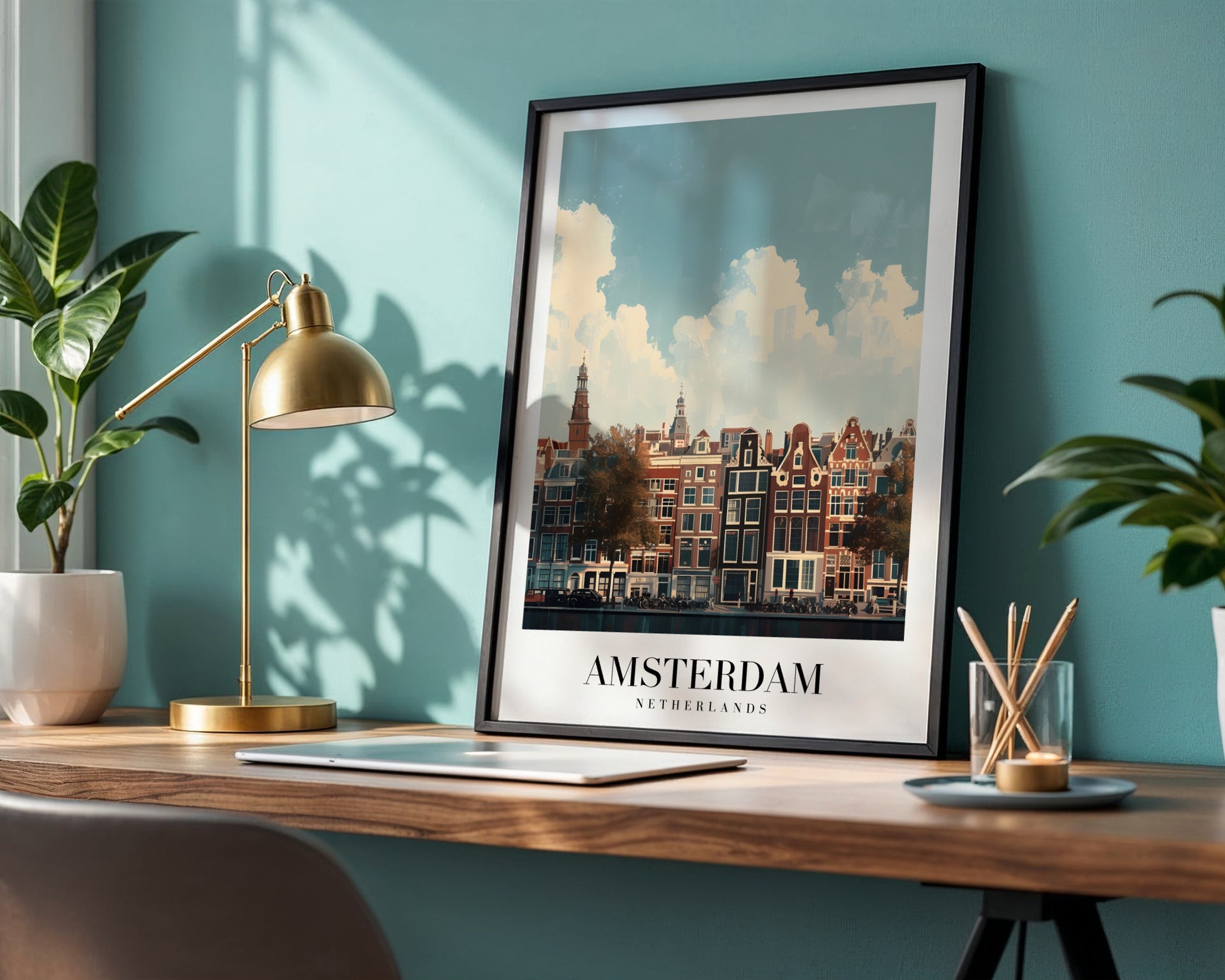 Amsterdam Canal Houses Cityscape Framed Poster – Framed Wall Art Poster - Image 1