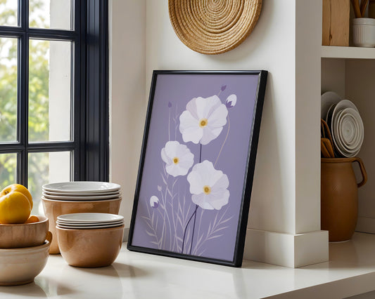 White Anemone Lavender Floral Framed Wall Art – Framed Wall Art Poster - Image 1