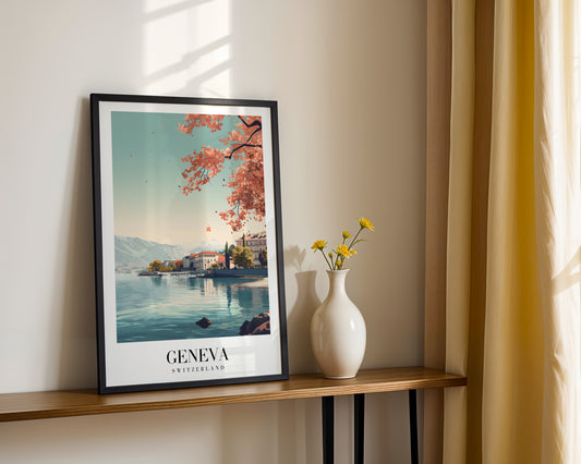 Geneva Switzerland Cherry Blossom Lake Framed Poster – Framed Wall Art Poster - Image 2