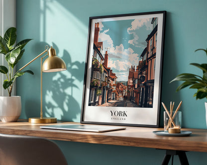 York England Historic Street Scene Framed Wall Art – Framed Wall Art Poster - Image 1