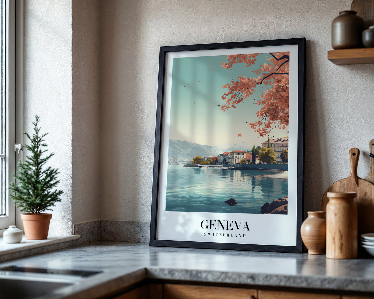 Geneva Switzerland Cherry Blossom Lake Framed Poster – Framed Wall Art Poster - Image 4