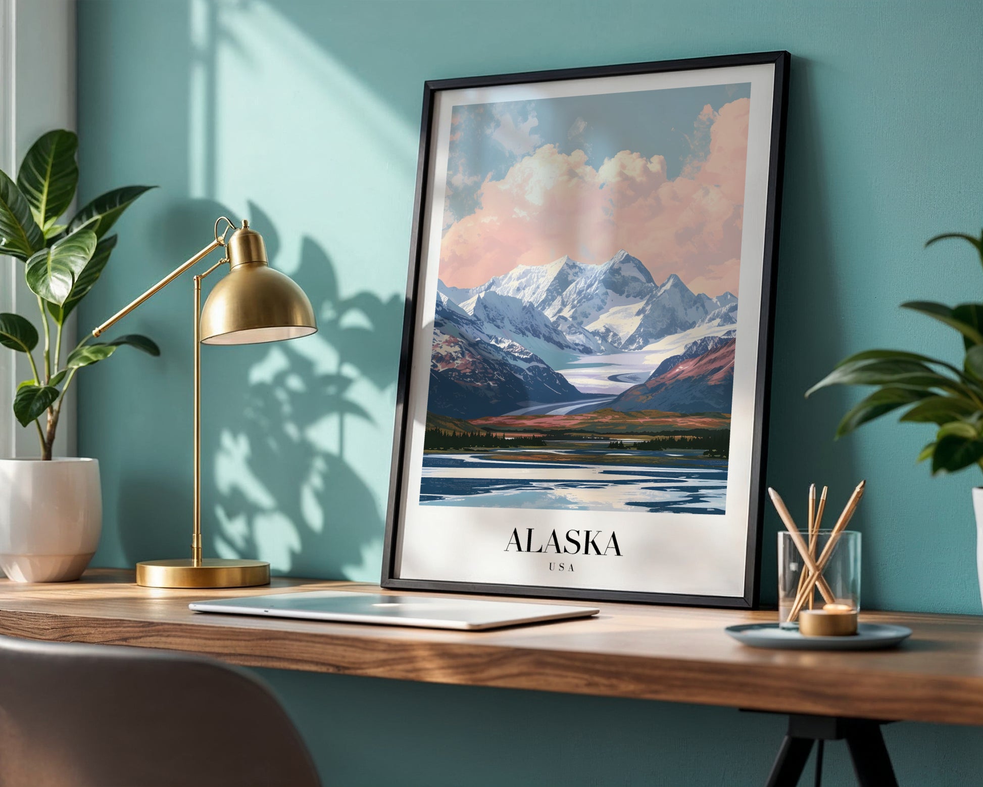 Alaska Mountains & Glacier Lake Framed Poster – Framed Wall Art Poster - Image 1