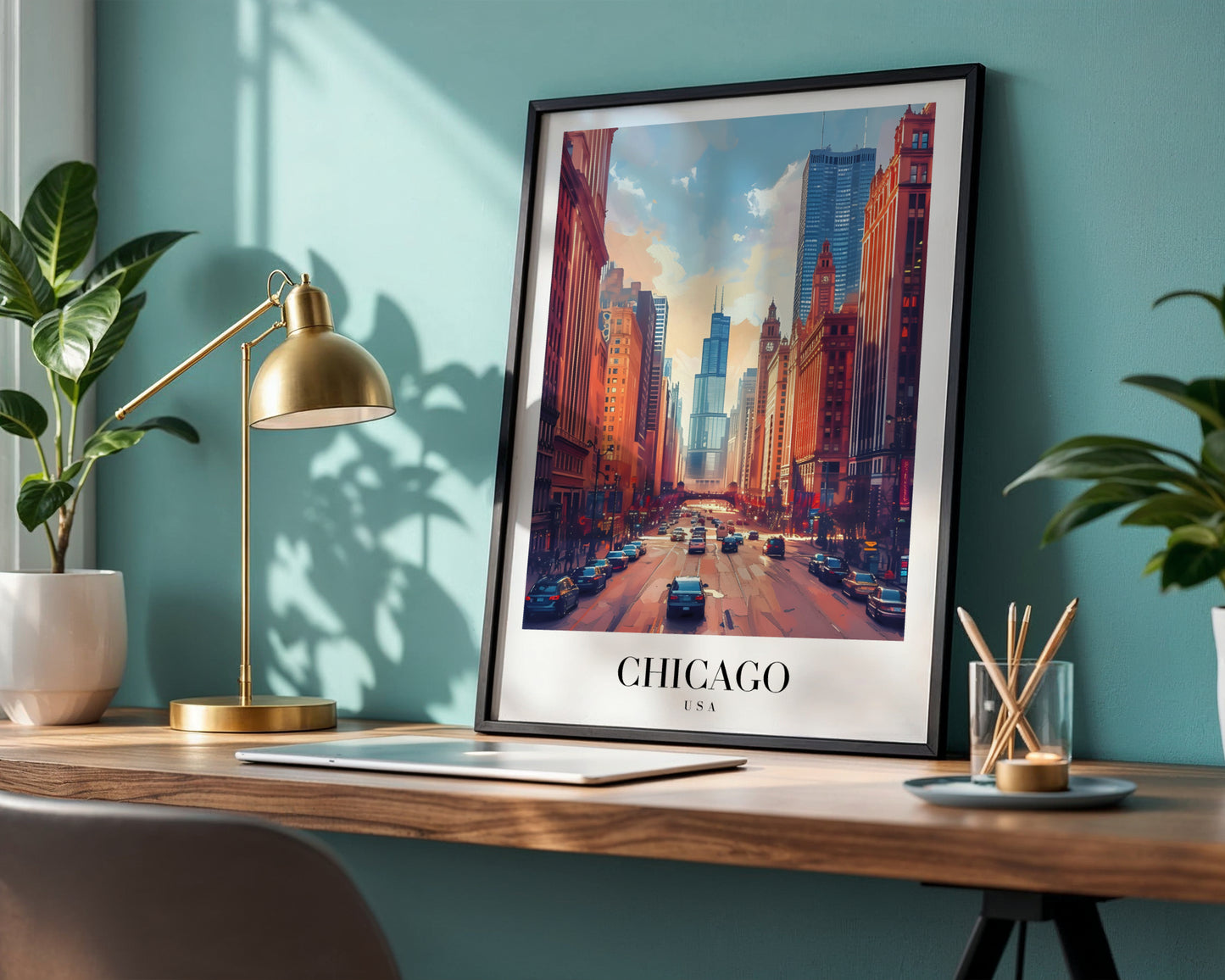Chicago Cityscape Modern Art Framed Poster – Framed Wall Art Poster - Image 1