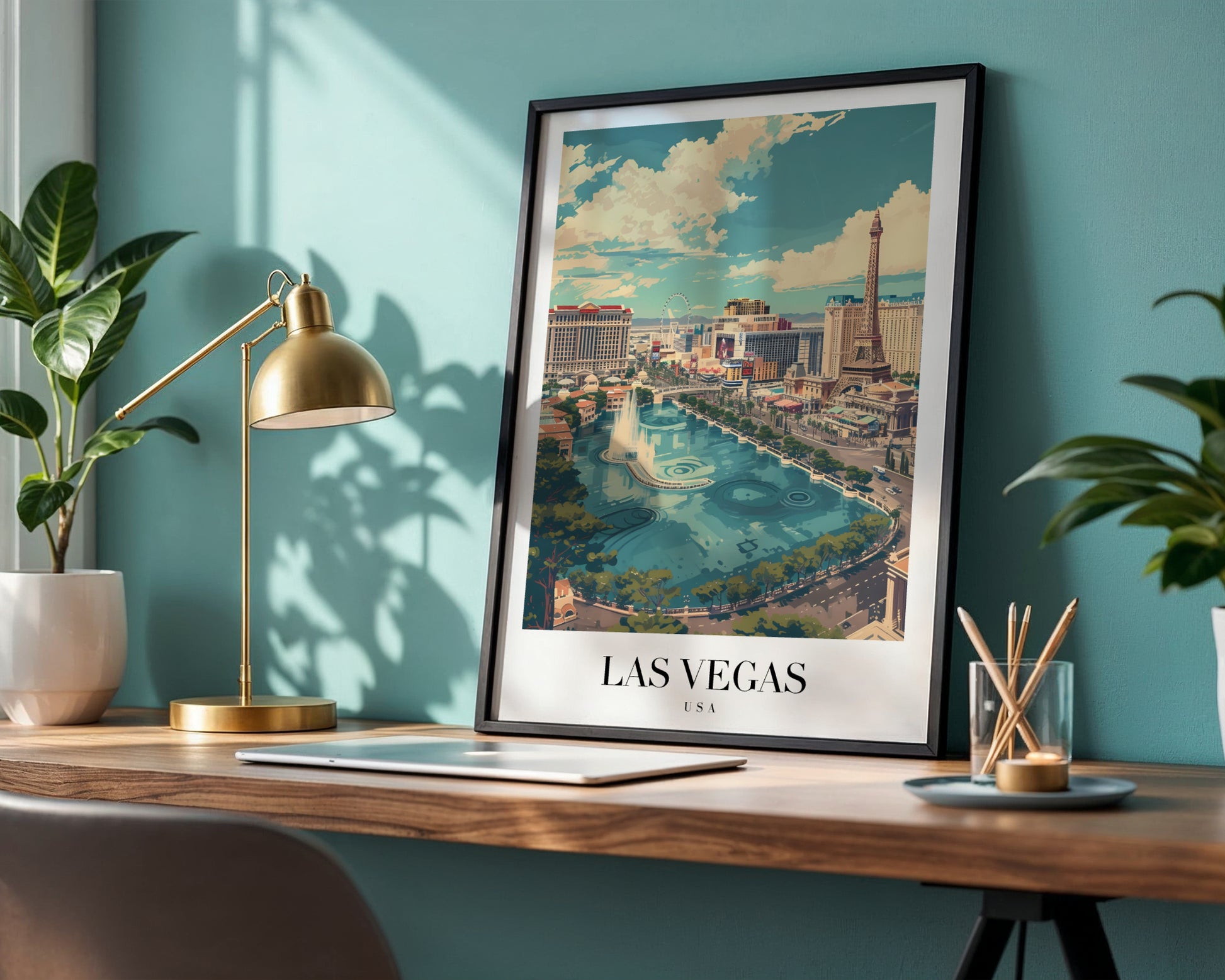 Las Vegas Strip Fountain & Eiffel Tower Framed Poster – Framed Wall Art Poster - Image 1