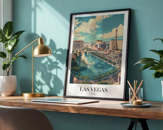 Las Vegas Strip Fountain & Eiffel Tower Framed Poster – Framed Wall Art Poster - Image 1