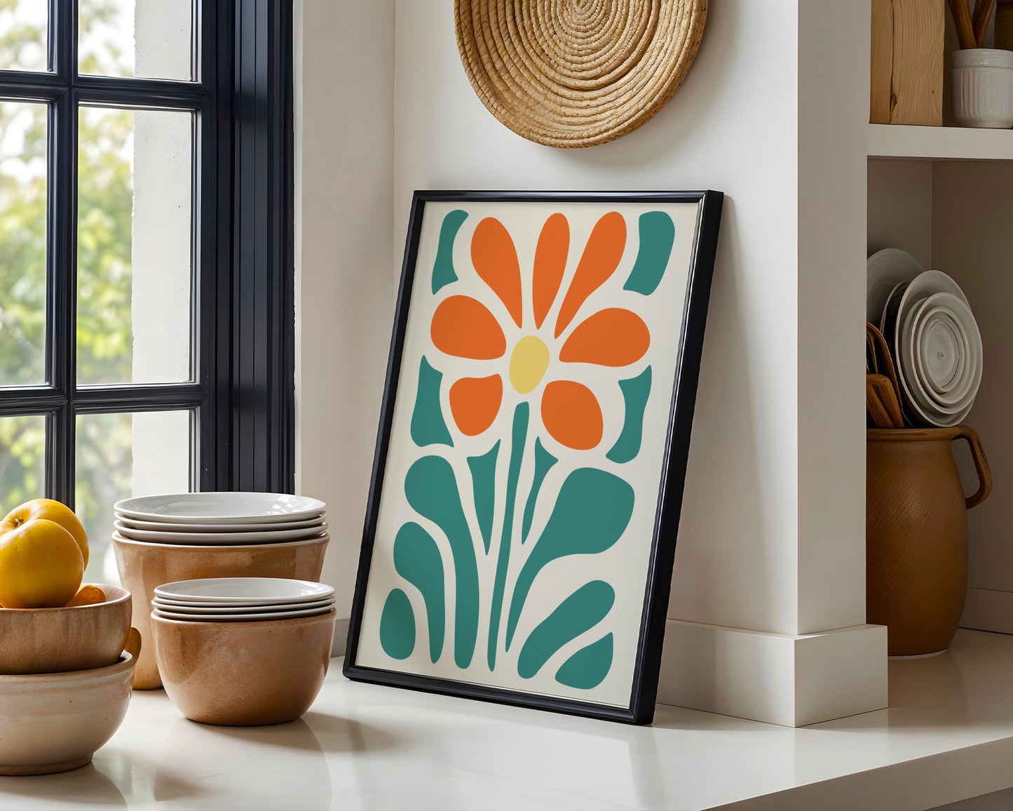 Orange Teal Abstract Flower Framed Poster – Framed Wall Art Poster - Image 1