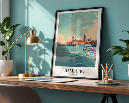Hamburg Germany Waterfront Cityscape Framed Wall Art – Framed Wall Art Poster - Image 1