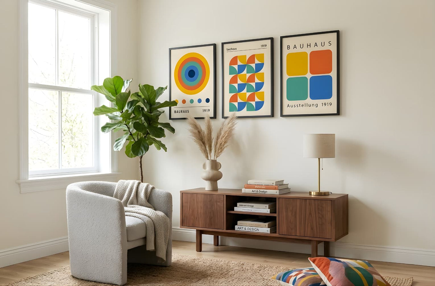 Modern living room with a white armchair, wooden side table, and colorful abstract art on the wall.