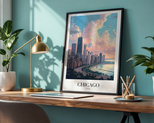 Chicago Skyline Sunset Framed Poster – Framed Wall Art Poster - Image 1