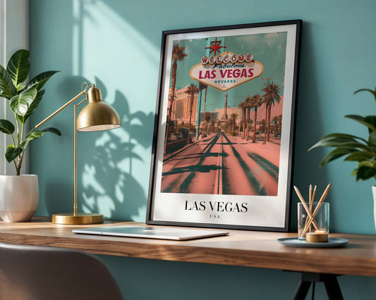 Las Vegas Welcome Sign Vintage Travel Framed Poster – Framed Wall Art Poster - Image 1