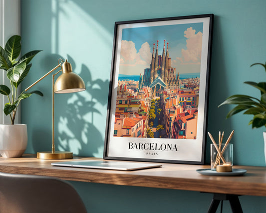 Sagrada Familia Barcelona Cityscape Framed Poster – Framed Wall Art Poster - Image 1