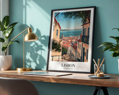 Lisbon Portugal Cityscape Framed Travel Poster – Framed Wall Art Poster - Image 1