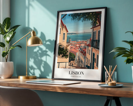 Lisbon Portugal Cityscape Framed Travel Poster – Framed Wall Art Poster - Image 1
