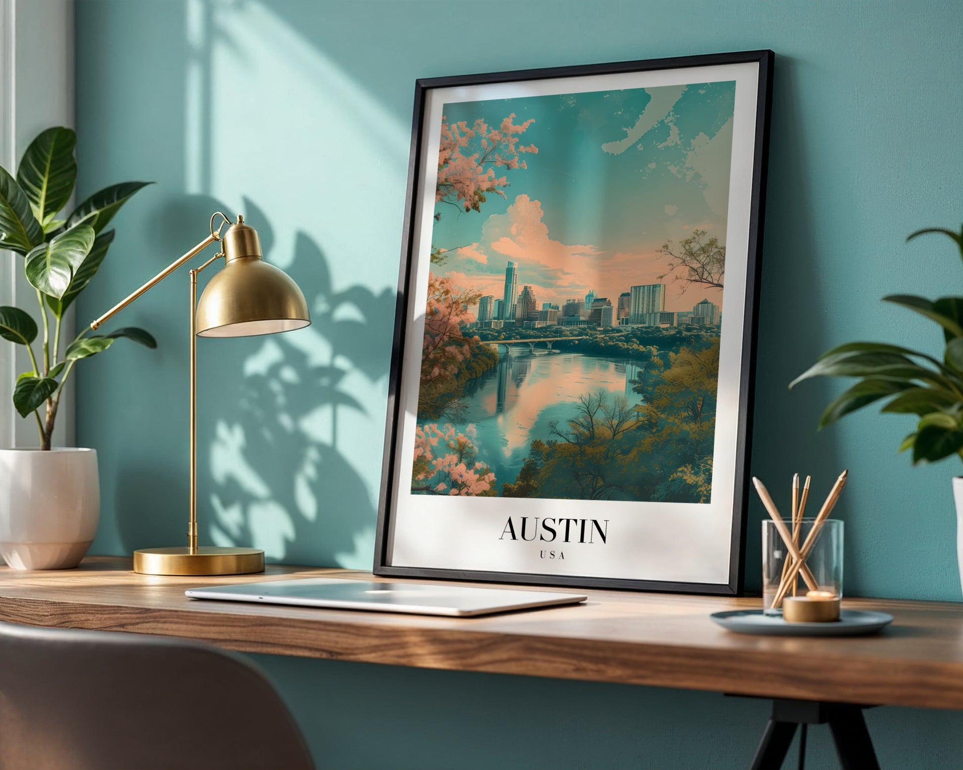 Austin Texas Skyline Cherry Blossom Framed Poster – Framed Wall Art Poster - Image 1