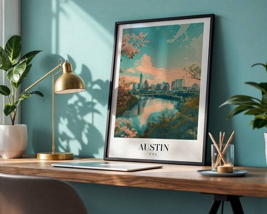 Austin Texas Skyline Cherry Blossom Framed Poster – Framed Wall Art Poster - Image 1