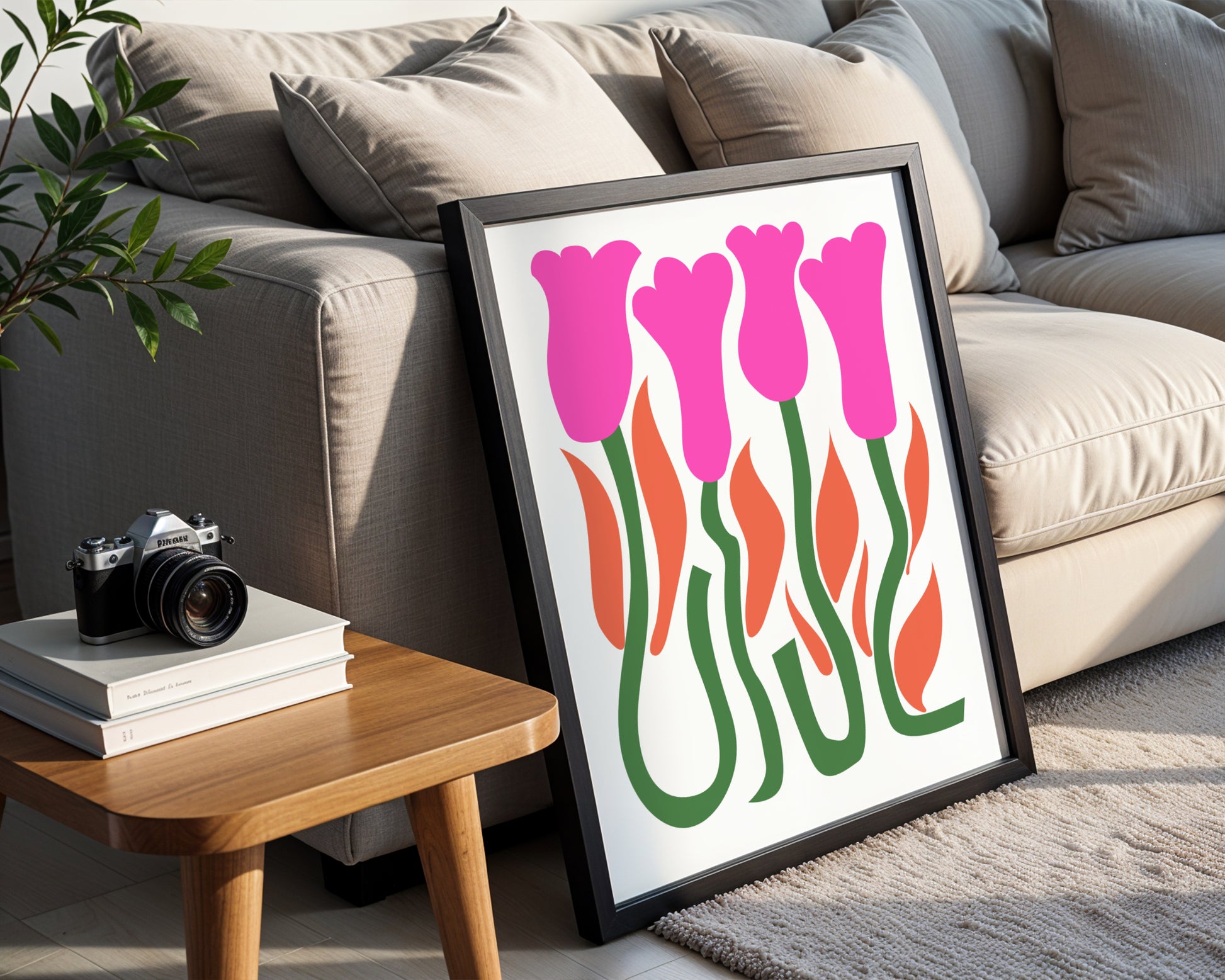 Abstract Pink Tulips & Leaves Framed Wall Art – Framed Wall Art Poster - Image 1