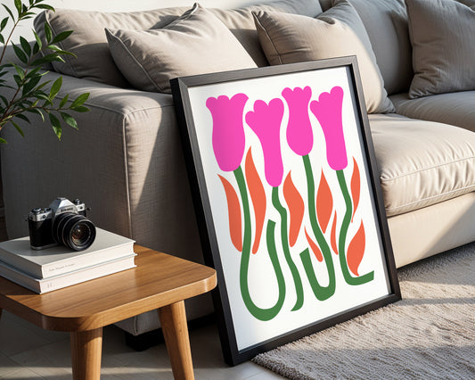 Abstract Pink Tulips & Leaves Framed Wall Art – Framed Wall Art Poster - Image 1