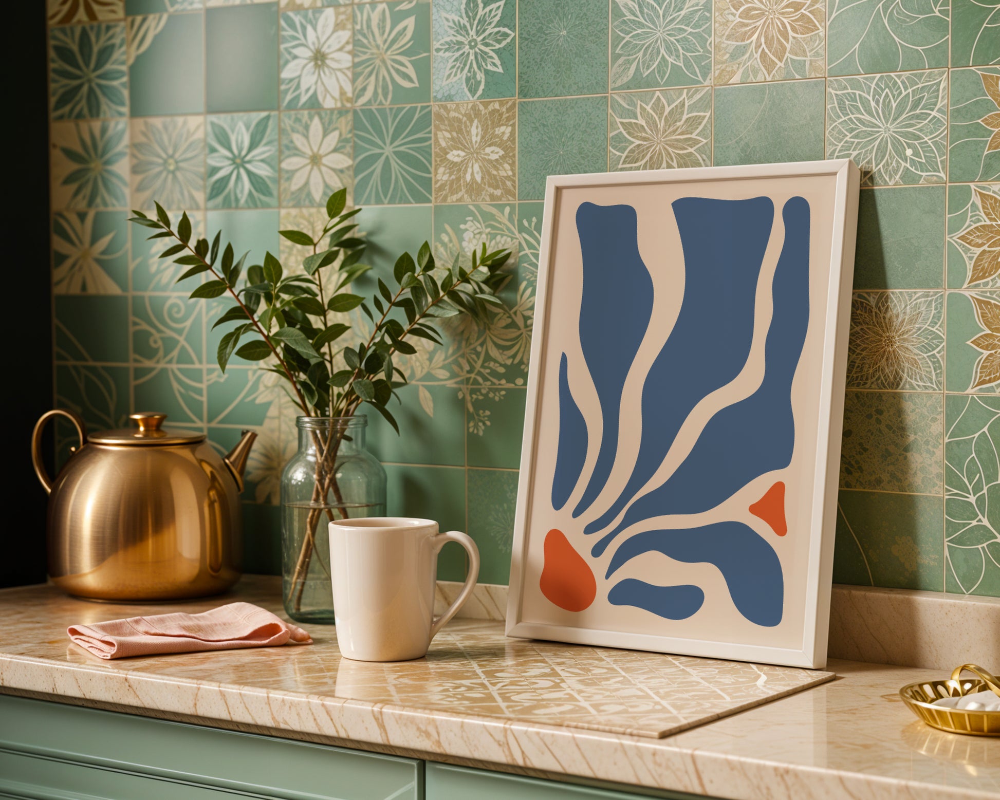 Modern Abstract Blue Terracotta Flow Wall Art – Framed Wall Art Poster - Image 3