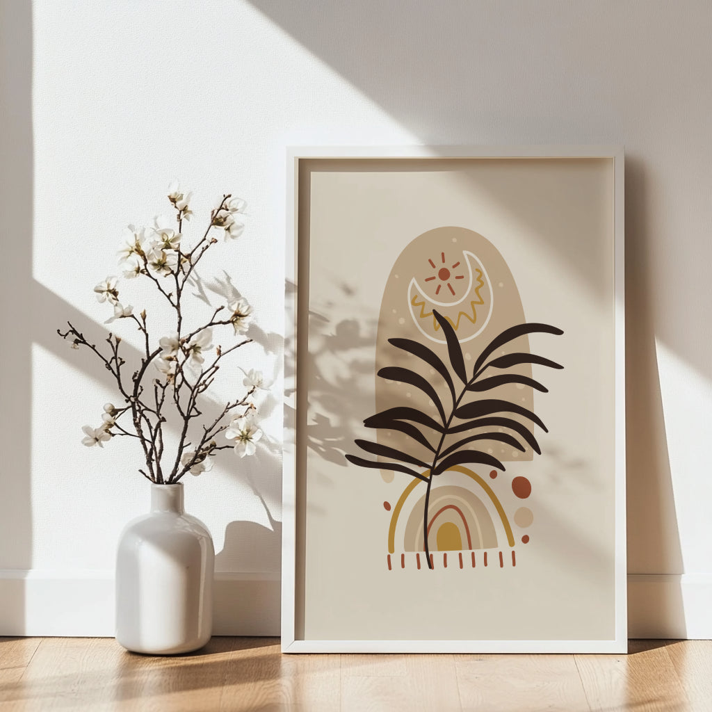 Boho Abstract Plant & Moon Framed Poster – Framed Wall Art Poster - Image 1