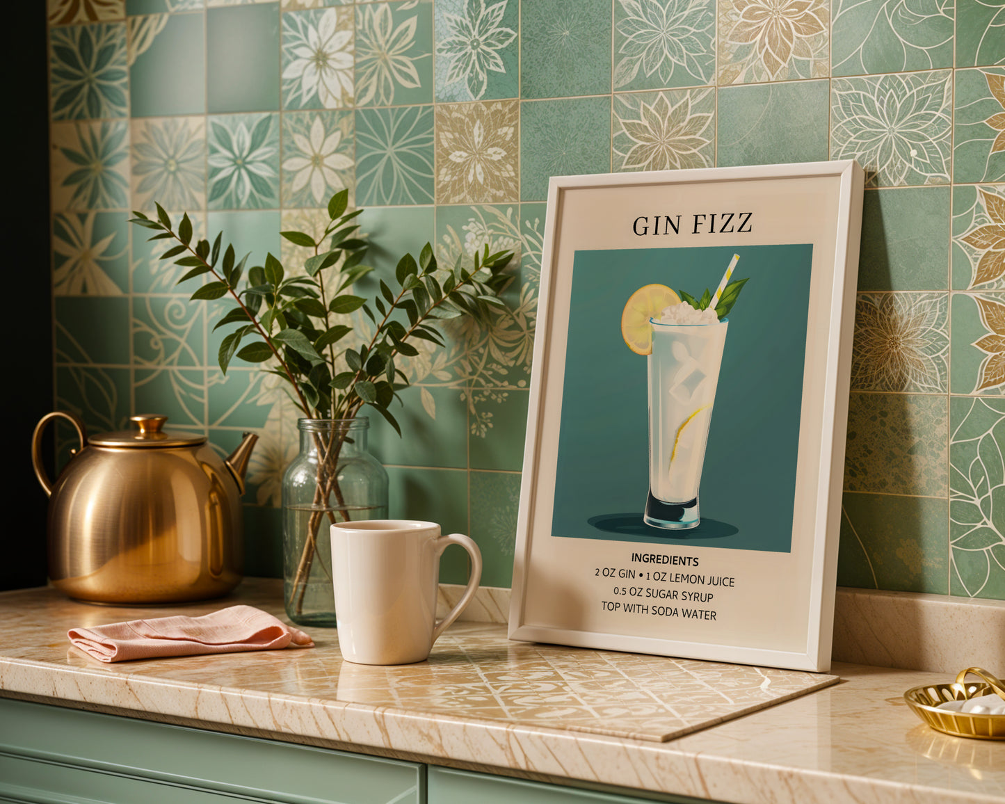 Gin Fizz Cocktail Recipe Framed Poster – Framed Wall Art Poster - Image 1