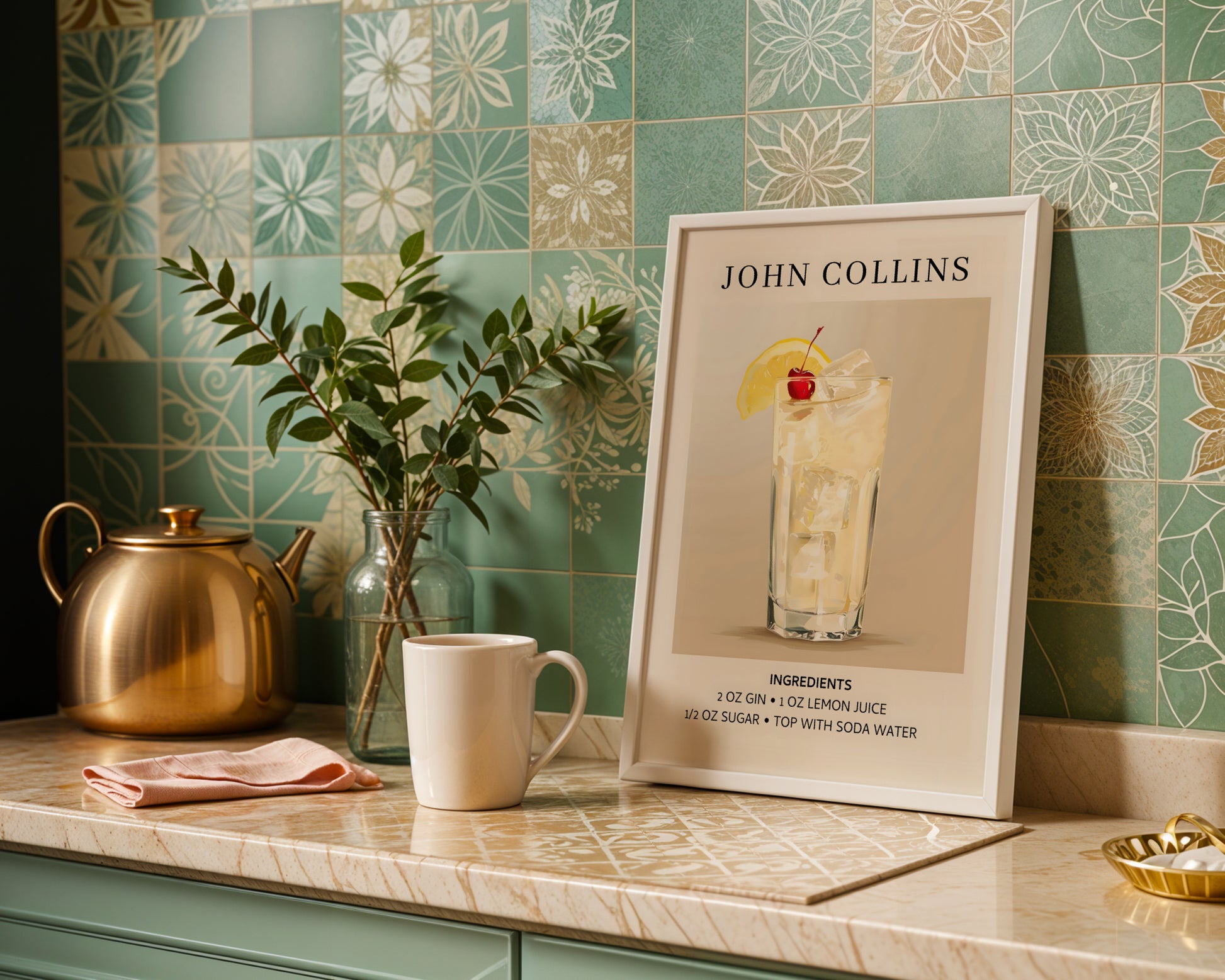 John Collins Cocktail Recipe Framed Poster – Framed Wall Art Poster - Image 1