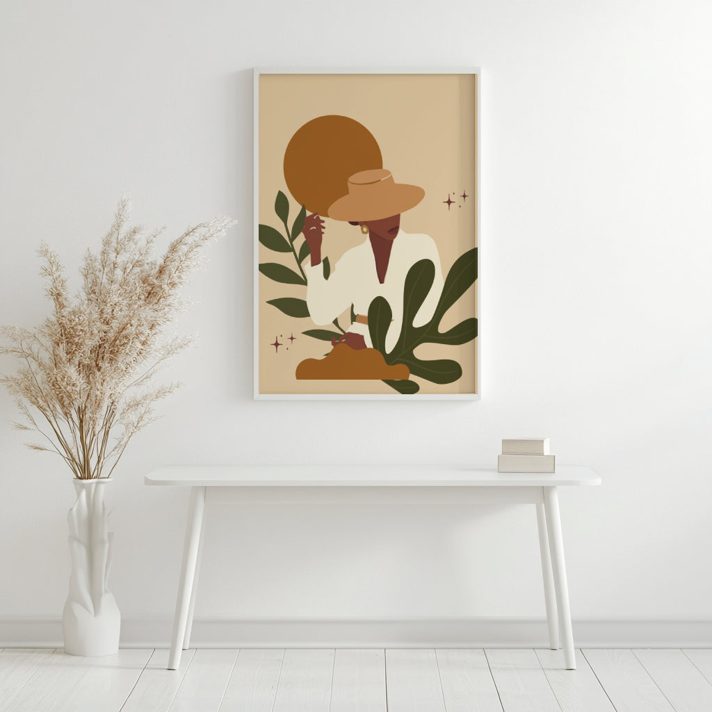 Boho Woman with Hat & Botanical Leaves Framed Poster – Framed Wall Art Poster - Image 2