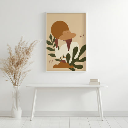 Boho Woman with Hat & Botanical Leaves Framed Poster – Framed Wall Art Poster - Image 2