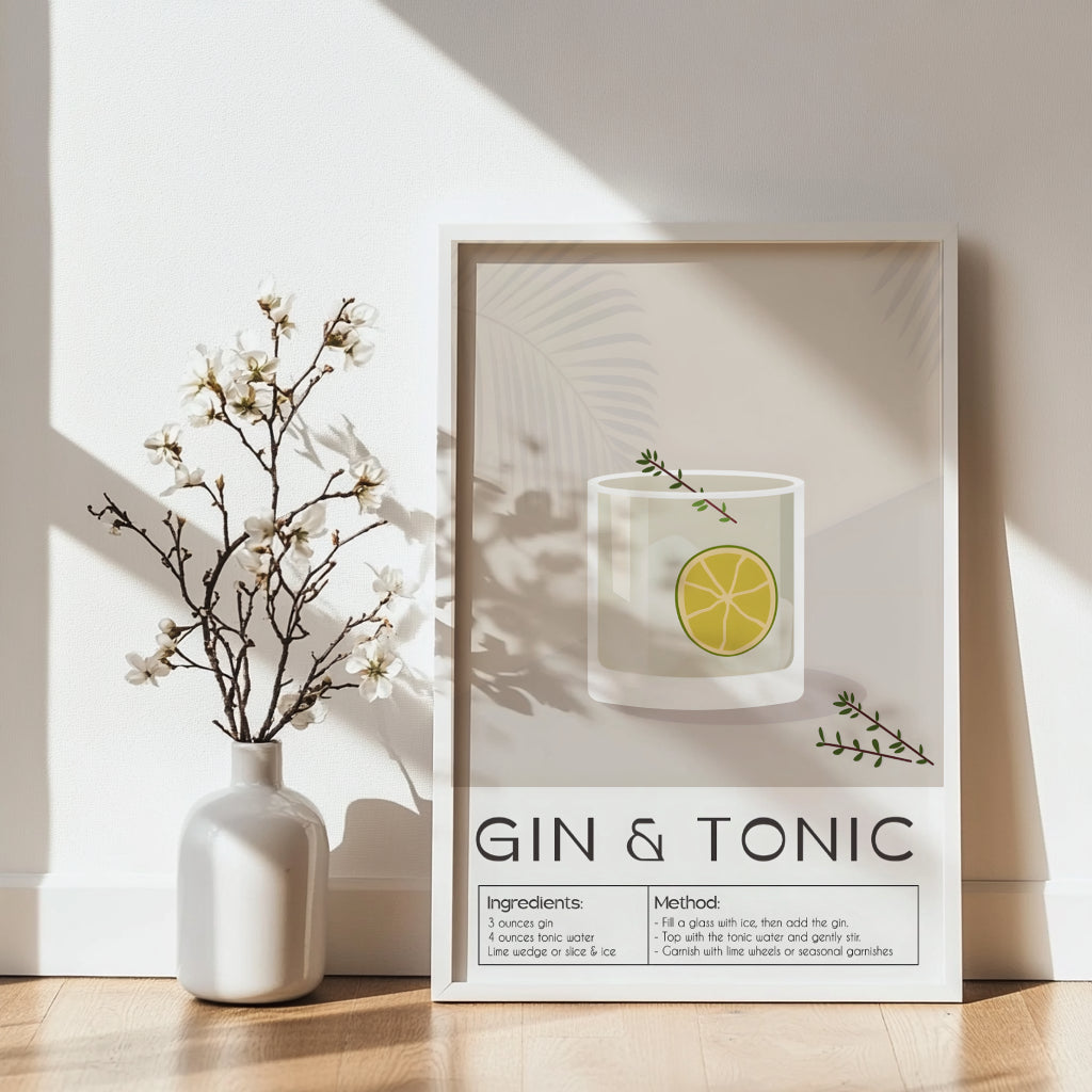 Gin & Tonic Cocktail Recipe Framed Poster#1 – Framed Wall Art Poster - Image 2