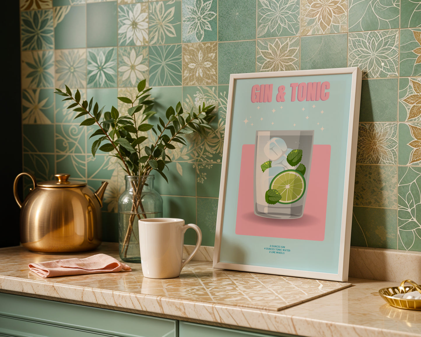Gin & Tonic Cocktail Recipe Framed Poster#3 – Framed Wall Art Poster - Image 1
