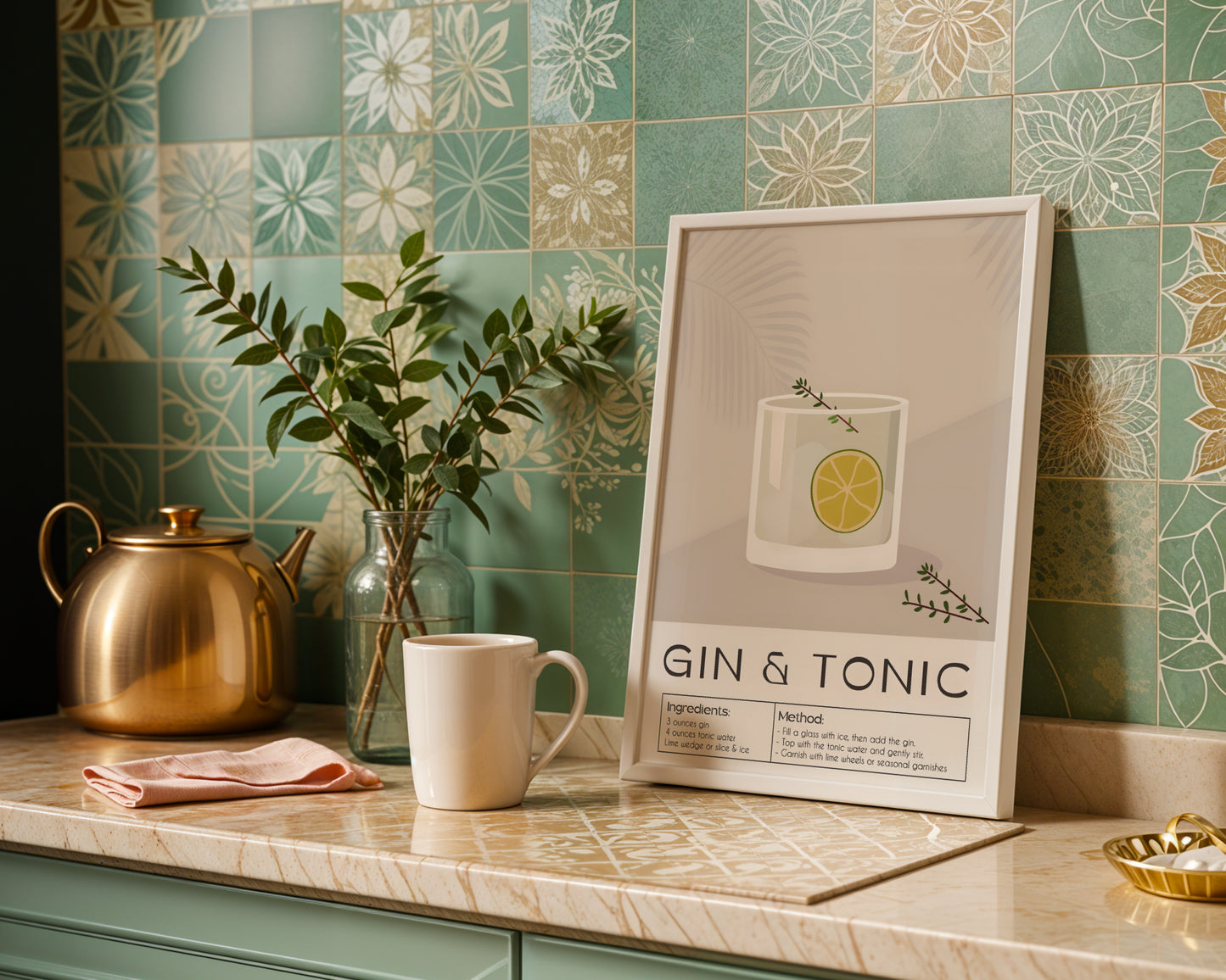 Gin & Tonic Cocktail Recipe Framed Poster#1 – Framed Wall Art Poster - Image 1