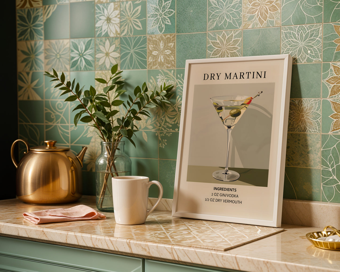 Dry Martini Cocktail Recipe Framed Poster – Framed Wall Art Poster - Image 1